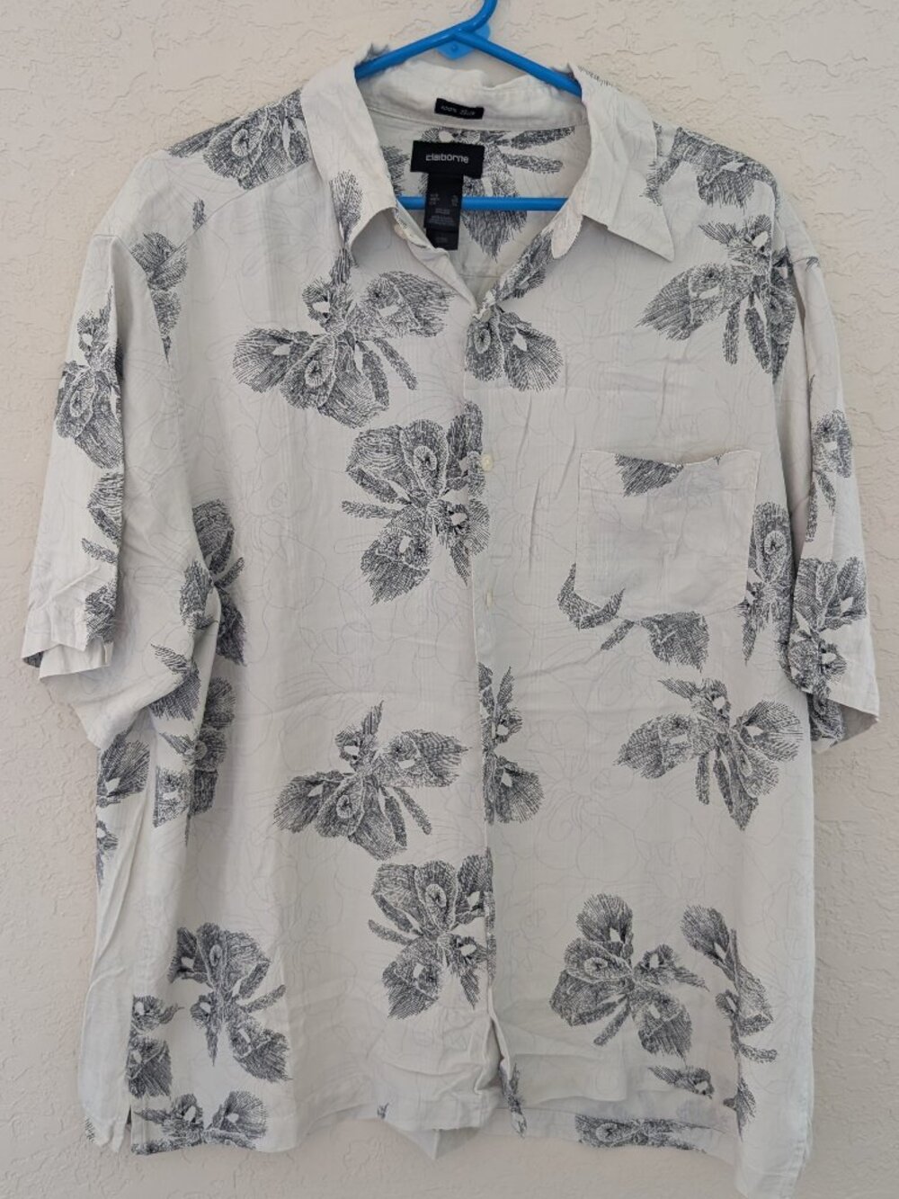 Claiborne 100% Silk Hawaiian Hibiscus Floral Button Up Short Sleeved Shirt Sz XL